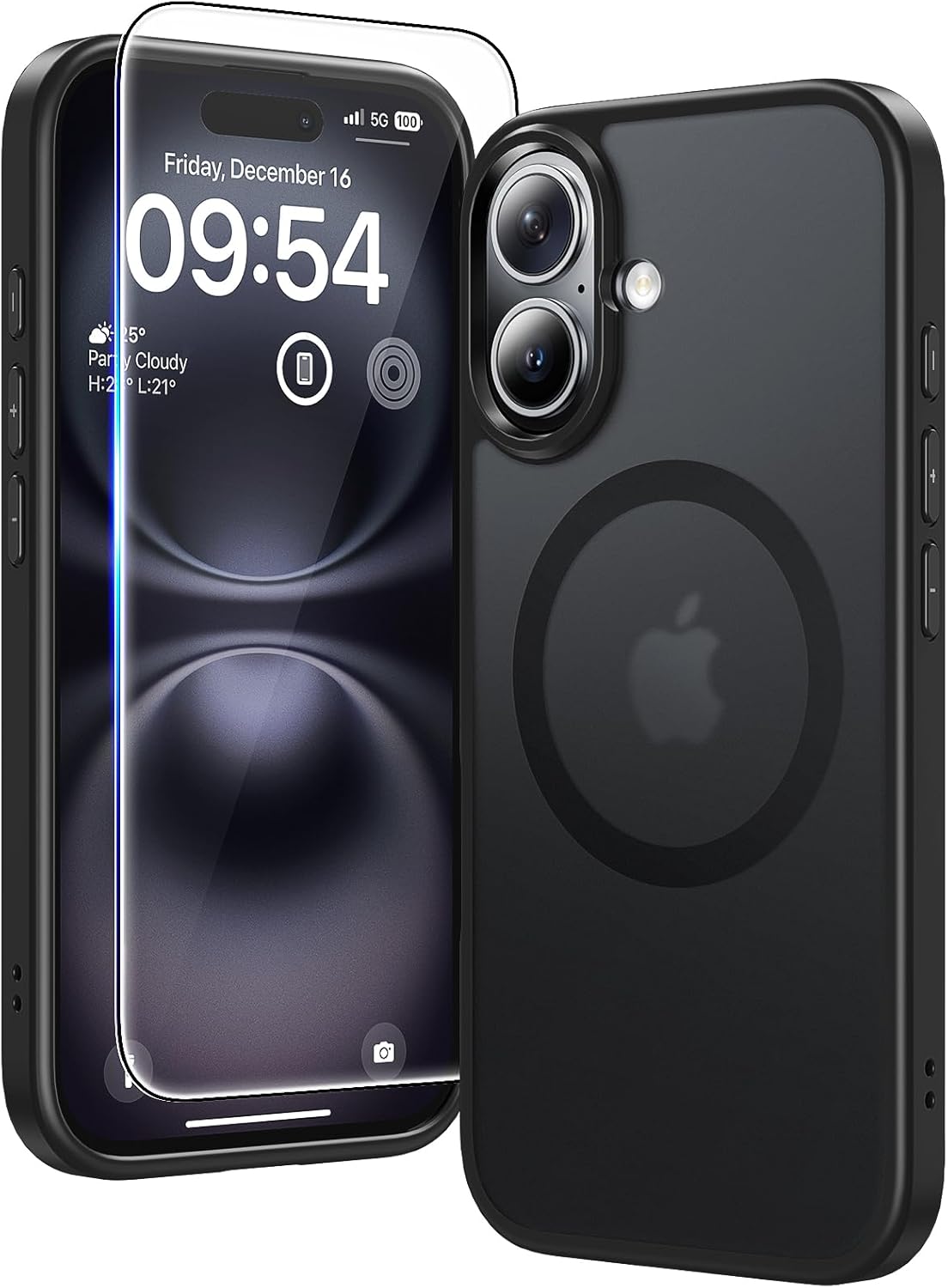 TAURI 3 w 1 do iPhone 16 Etui 6.1″ z 2 Sztuki Szkło Hartowane Ochraniacz Ekranu, Kompatybilny z MagSafe, Nieżółknącą Odporny na Magnetyczna Obudowy na Telefony -MatowyCzarny